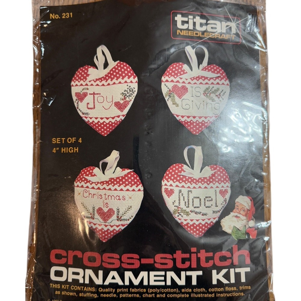 Cross Stitch Christmas Ornament Kit 4 Red Polka Dot Heart Ric Rac Titan NEW #231